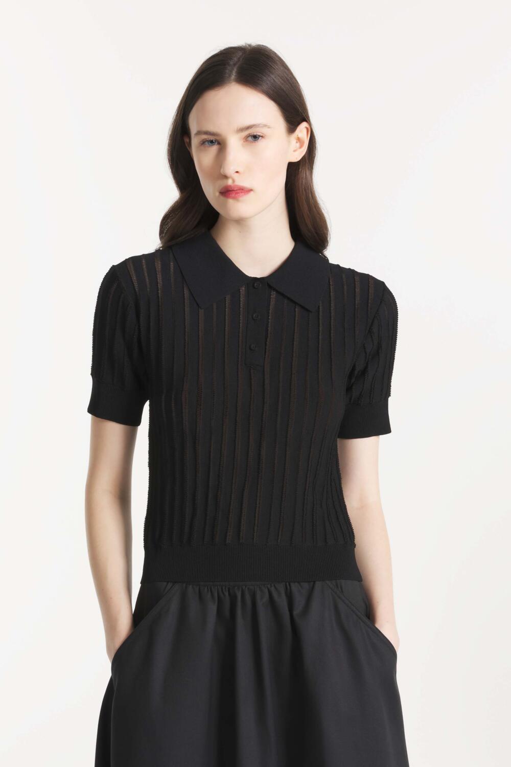 SALLY - OPENWORK KNITTED POLO SHIRT - XS, BLACK