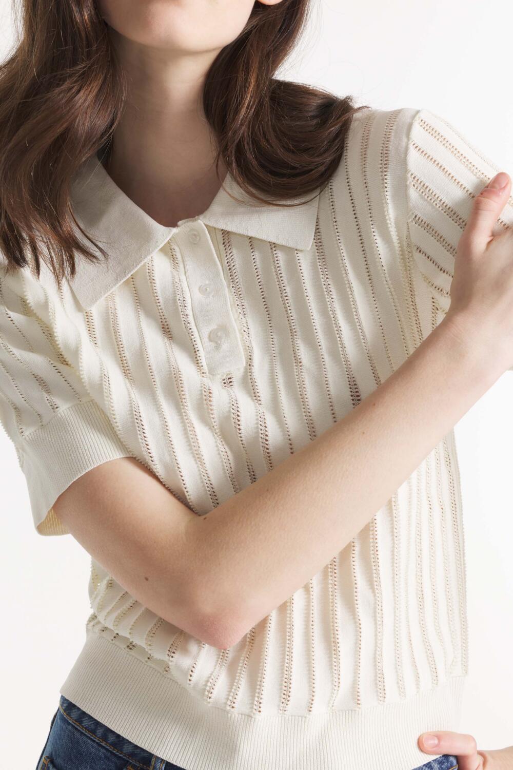 SALLY - OPENWORK KNITTED POLO SHIRT - S, OFFWHITE